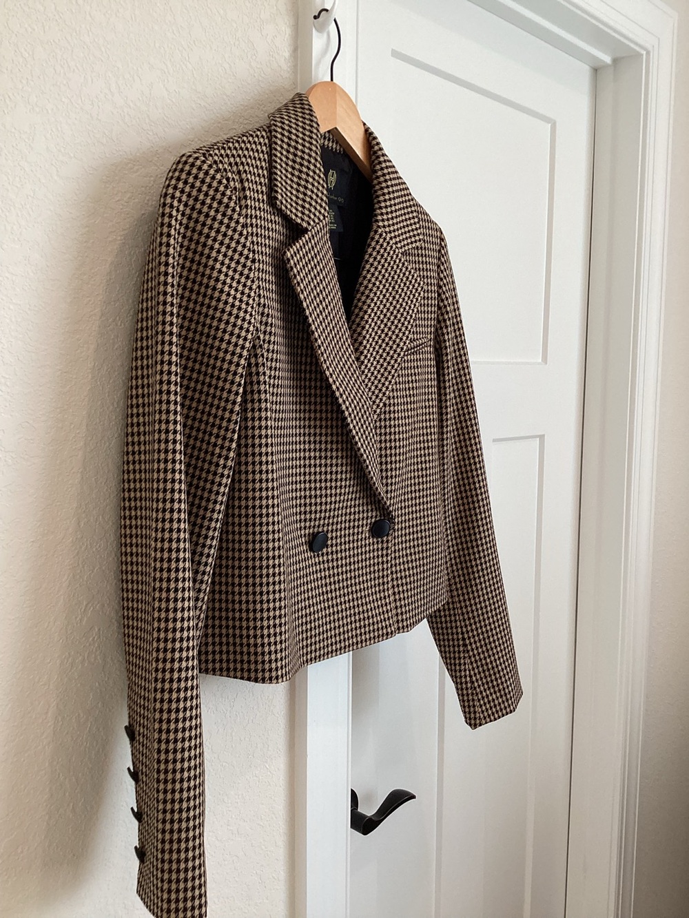 House of Harlow 1960 Crop Blazer Tailored Jacket New XS Black Tan Houndstooth